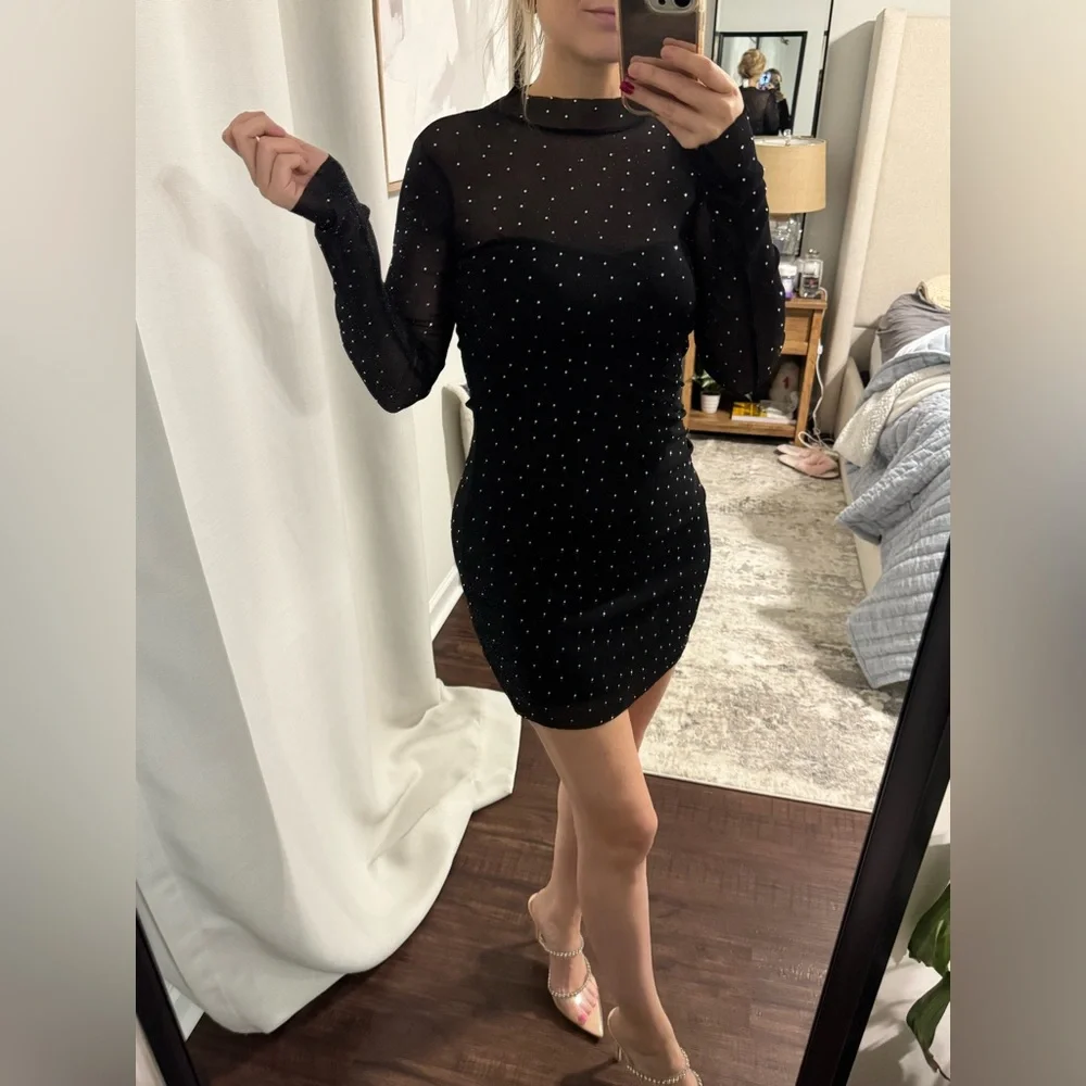 Elegant Black Sheer Bodycon Rhinestone Sparkle Party NYE Holiday Birthday Dress - Picture 6 of 8